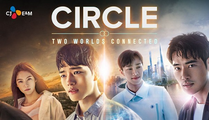 3 guys and 1 girl standing in futristic world and modern world.